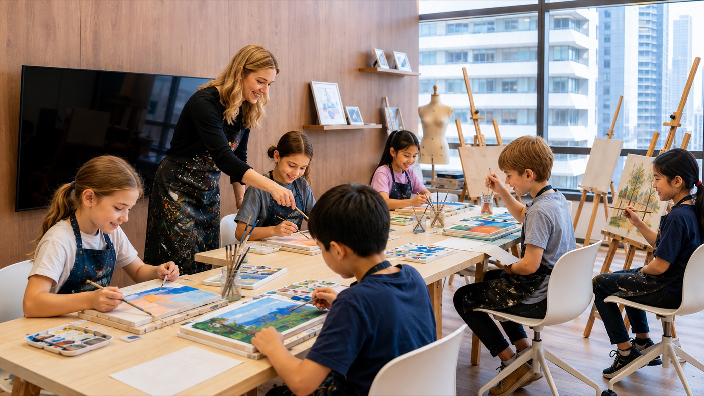 Happy children ages 6 to 12 painting with their art teacher in the GIFT studio